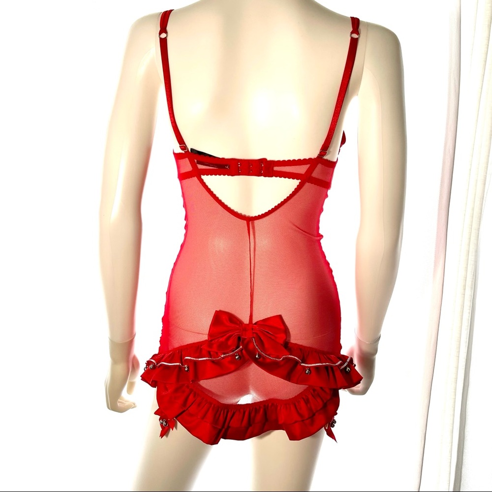 34B VS Victoria’s Secret Red Bow Babydoll Garter jingle bell nightie dress slip - Picture 7 of 16